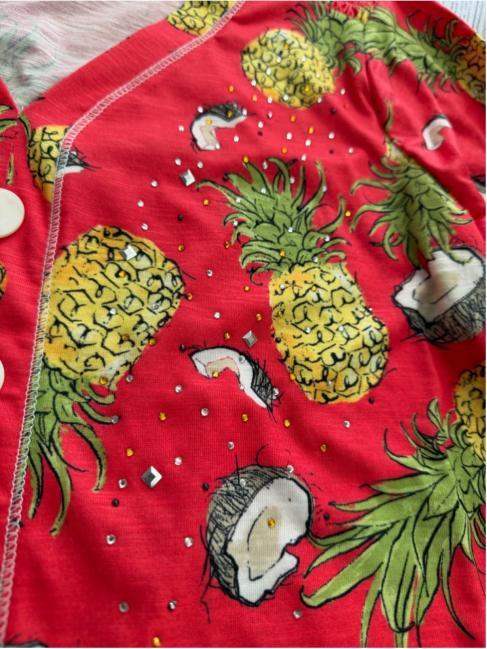 Women's Onque Casual Pineapple Print Button Down Shirt, Size S, Red/Yellow - Picture 3 of 10